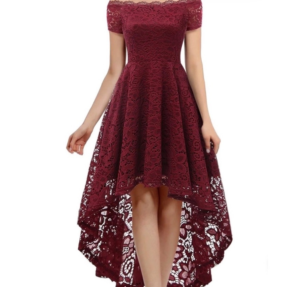 Dressystar Burgundy Lace High Low Wedding‎ Guest Dress Off Shoulder Size S
